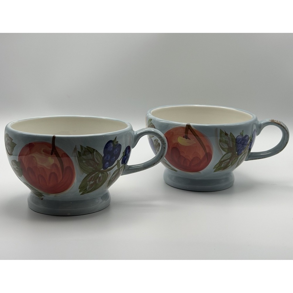 Hand Painted Ceramic Mugs Fruit Theme Set of 2 Pedestal Cups Mesa International
